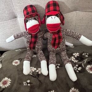 Set of 2 Sock Monkeys with Red Plaid Hat